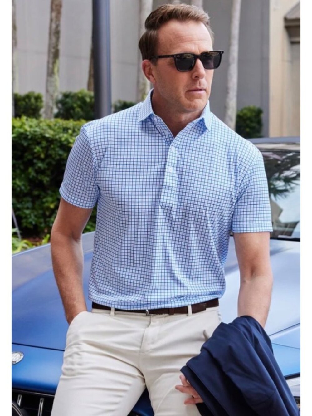 Collars & Co. Mens Tattersall Polo Shirt Medium White & Blue Check Short Sleeve